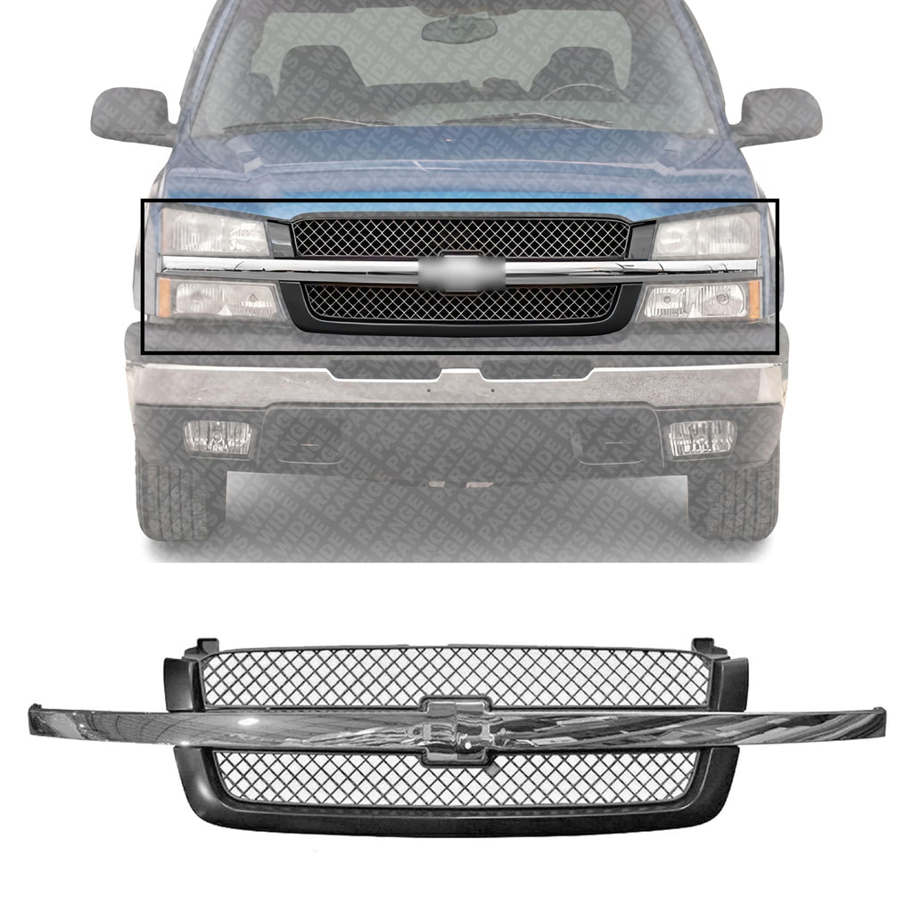 Front Grille Mesh Gray with Chrome Center Bar for 2003-2006 Chevrolet Avalanche 1500, 2003-2007 Silverado 1500 & More
