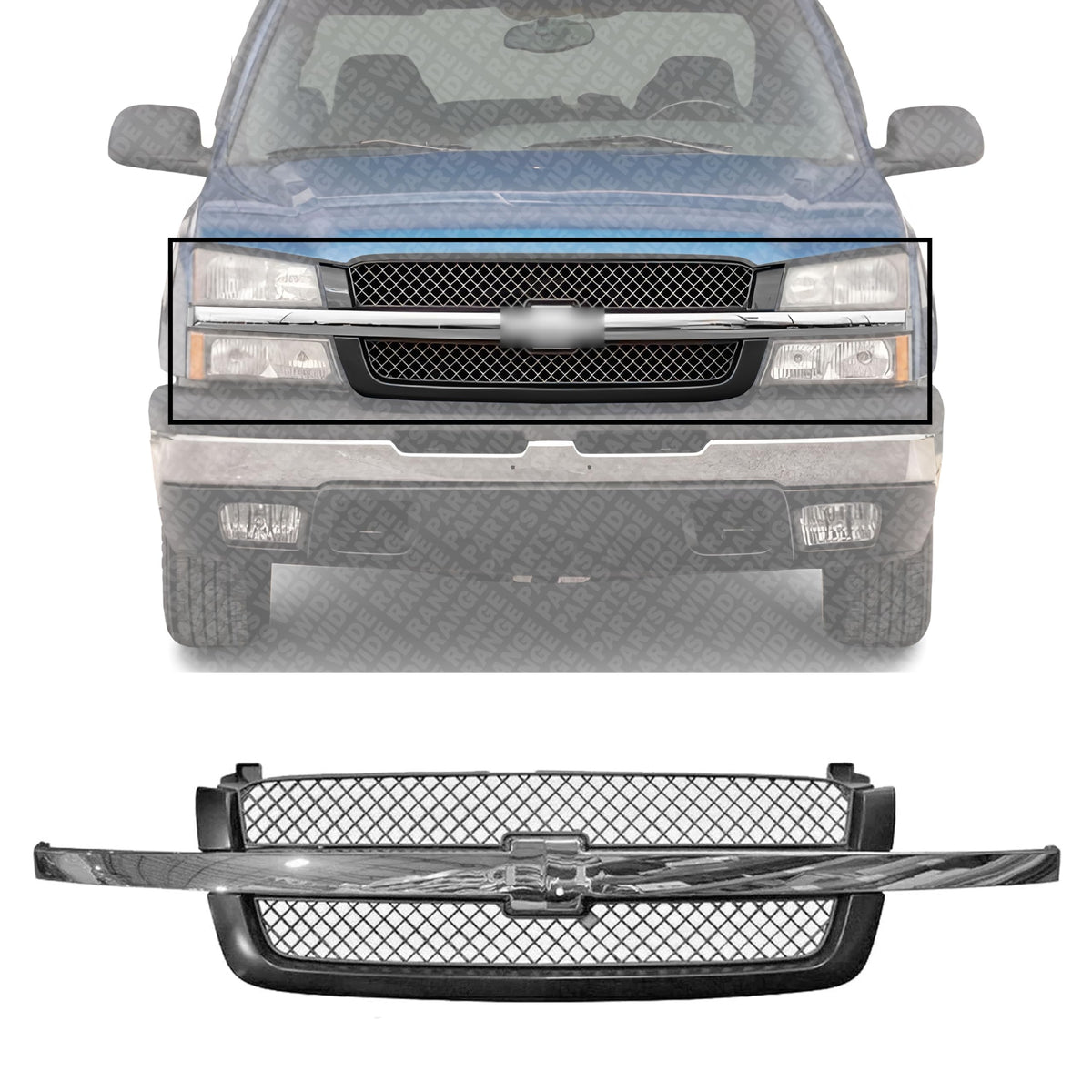 Front Grille Mesh Gray with Chrome Center Bar for 2003-2006 Chevrolet Avalanche 1500, 2003-2007 Silverado 1500 & More