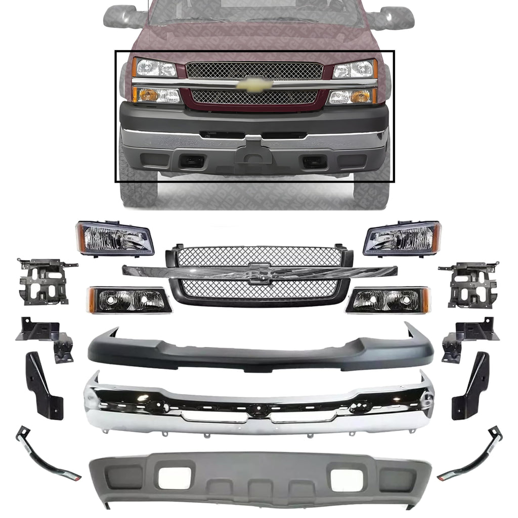 Front Bumper + Upper Cover Textured + Lower Valance + Grille + Brackets + Headlight + Signal Lamp Left & Right Side for 2003-2006 Chevrolet Avalanche 1500, 2003-2007 Silverado 1500 & More