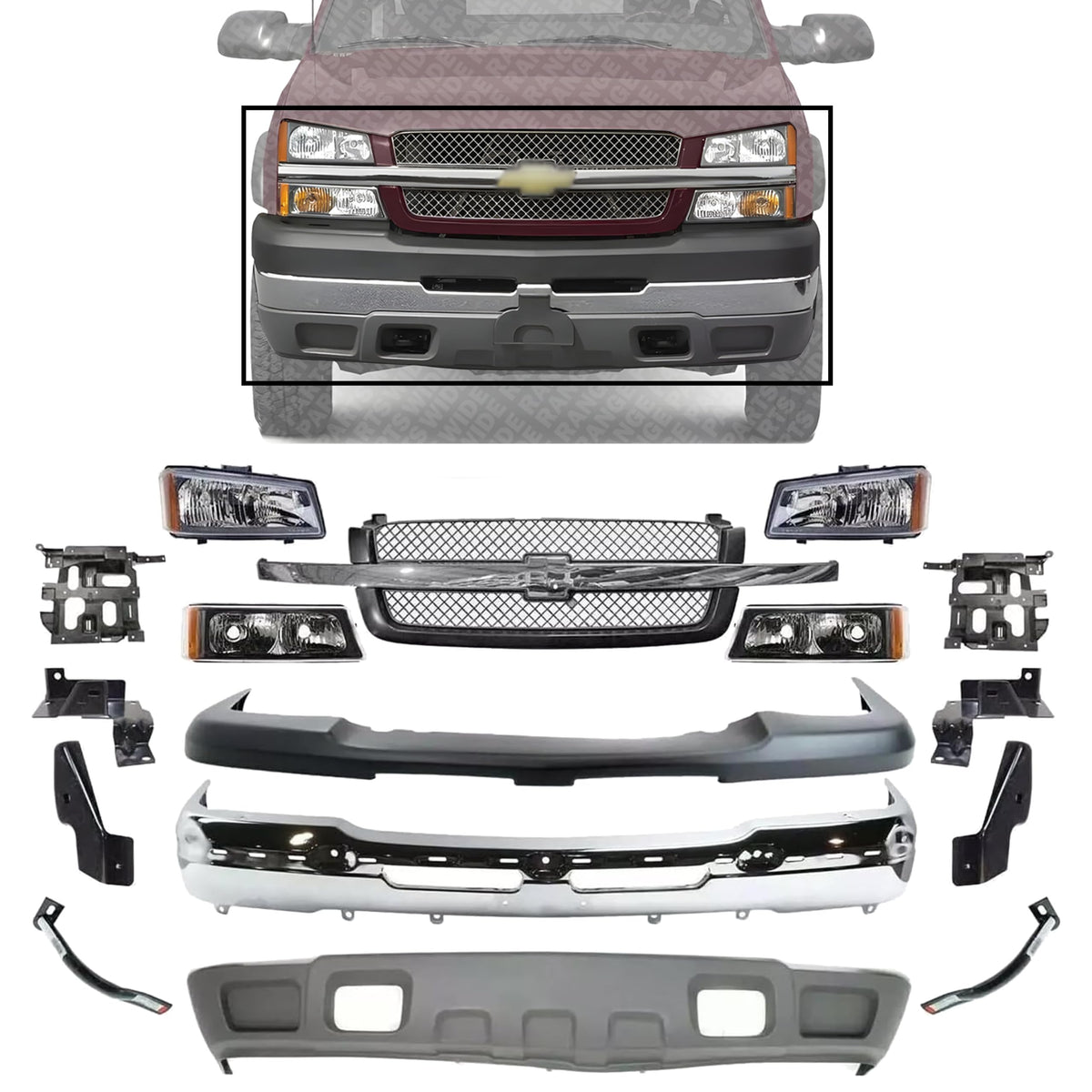 Front Bumper + Upper Cover Textured + Lower Valance + Grille + Brackets + Headlight + Signal Lamp Left & Right Side for 2003-2006 Chevrolet Avalanche 1500, 2003-2007 Silverado 1500 & More