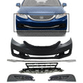 Front Bumper Cover Primed + Lower Grille + Molding Chrome + Fog Light Cover Textured Right Passenger & Left Driver Side for 2013-2015 Honda Civic