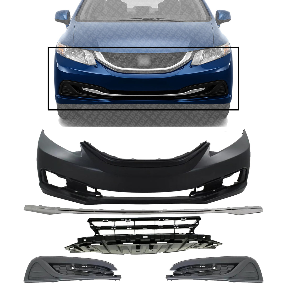 Front Bumper Cover Primed + Lower Grille + Molding Chrome + Fog Light Cover Textured Right Passenger & Left Driver Side for 2013-2015 Honda Civic