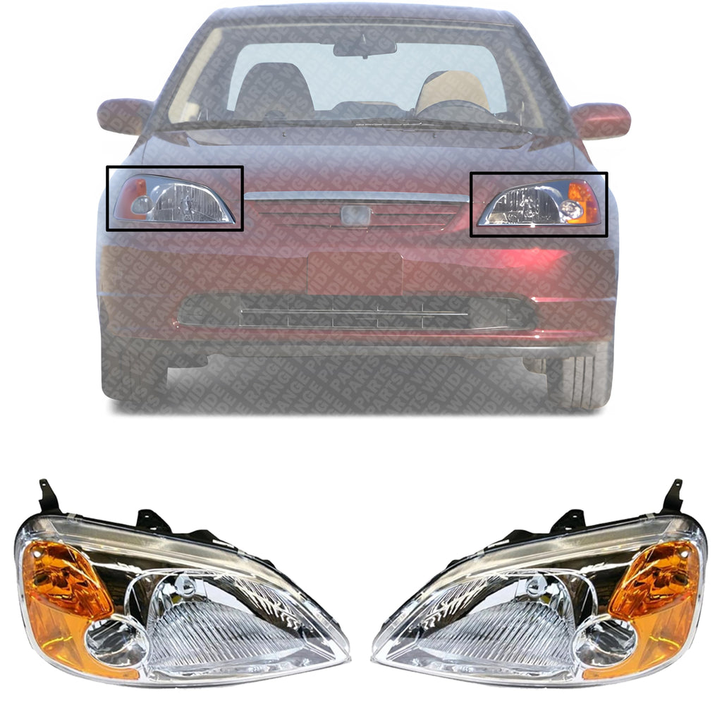 Set of 2 Front Head Light Lens and Housing Right Passenger & Left Driver Side for 2001-2003 Honda Civic