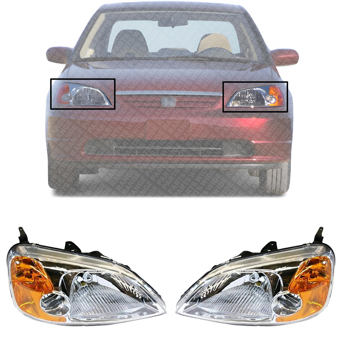 Set of 2 Front Head Light Lens and Housing Right Passenger & Left Driver Side for 2001-2003 Honda Civic
