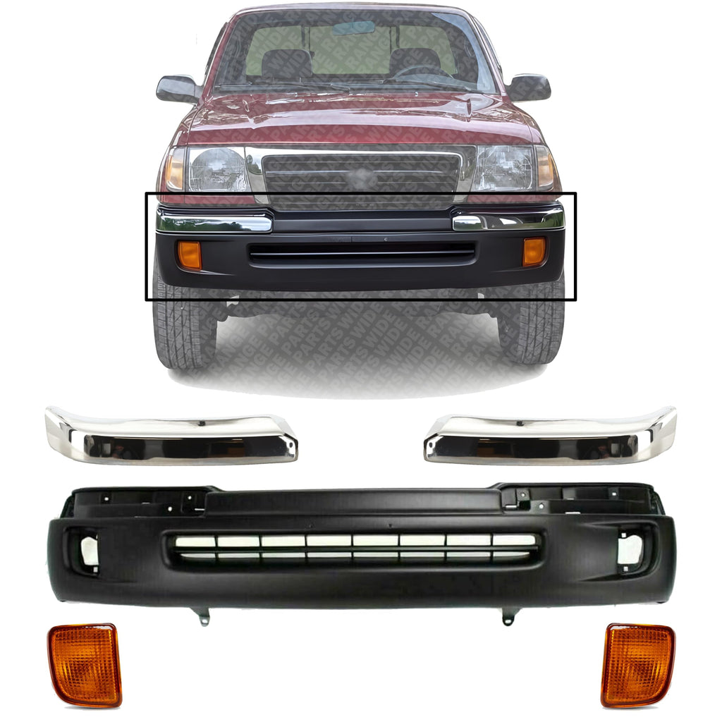 Front Bumper Cover Textured + Chrome Trims + Signal Lamps Left Driver & Right Passenger Side for 1998-2000 Toyota Tacoma