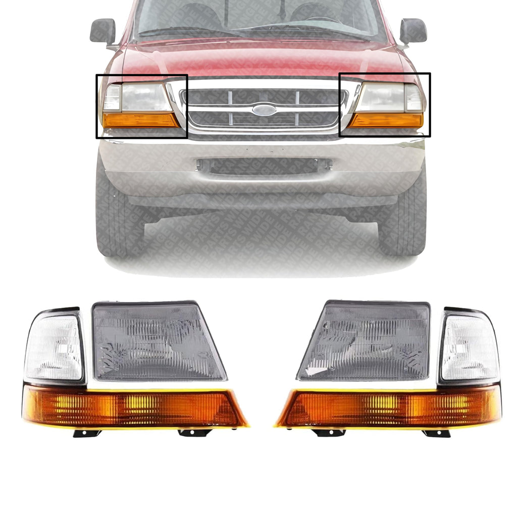 Front Head Light Assembly & Corner Lamp Left Driver & Right Passenger Side for 1998-2000 Ford Ranger