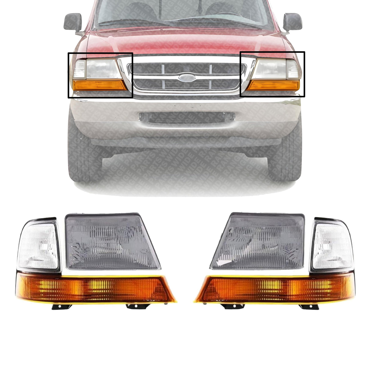 Front Head Light Assembly & Corner Lamp Left Driver & Right Passenger Side for 1998-2000 Ford Ranger