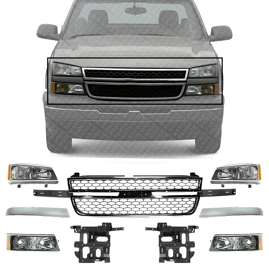 Front Grille + Chrome Moldings + Signal Lamp + Head Lights + Support Brackets Right & Left Side for 2003-2007 Chevrolet Silverado 2500 HD & 2003-2007 Silverado 3500
