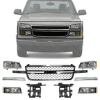 Front Grille + Chrome Moldings + Signal Lamp + Head Lights + Support Brackets Right & Left Side for 2003-2007 Chevrolet Silverado 2500 HD & 2003-2007 Silverado 3500
