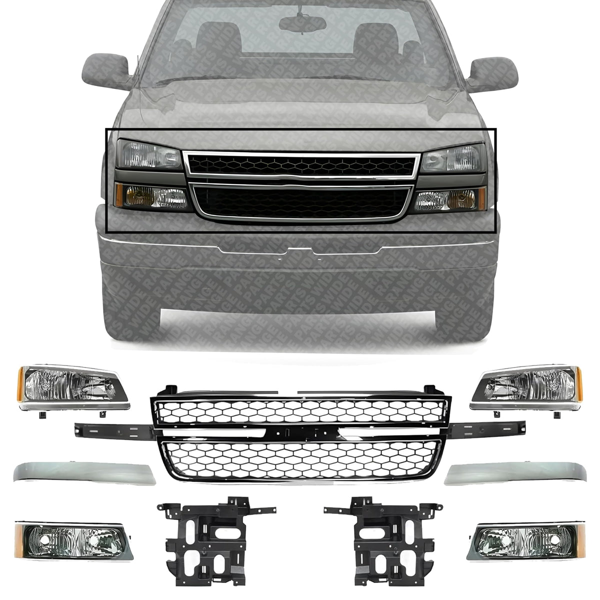 Front Grille + Chrome Moldings + Signal Lamp + Head Lights + Support Brackets Right & Left Side for 2003-2007 Chevrolet Silverado 2500 HD & 2003-2007 Silverado 3500