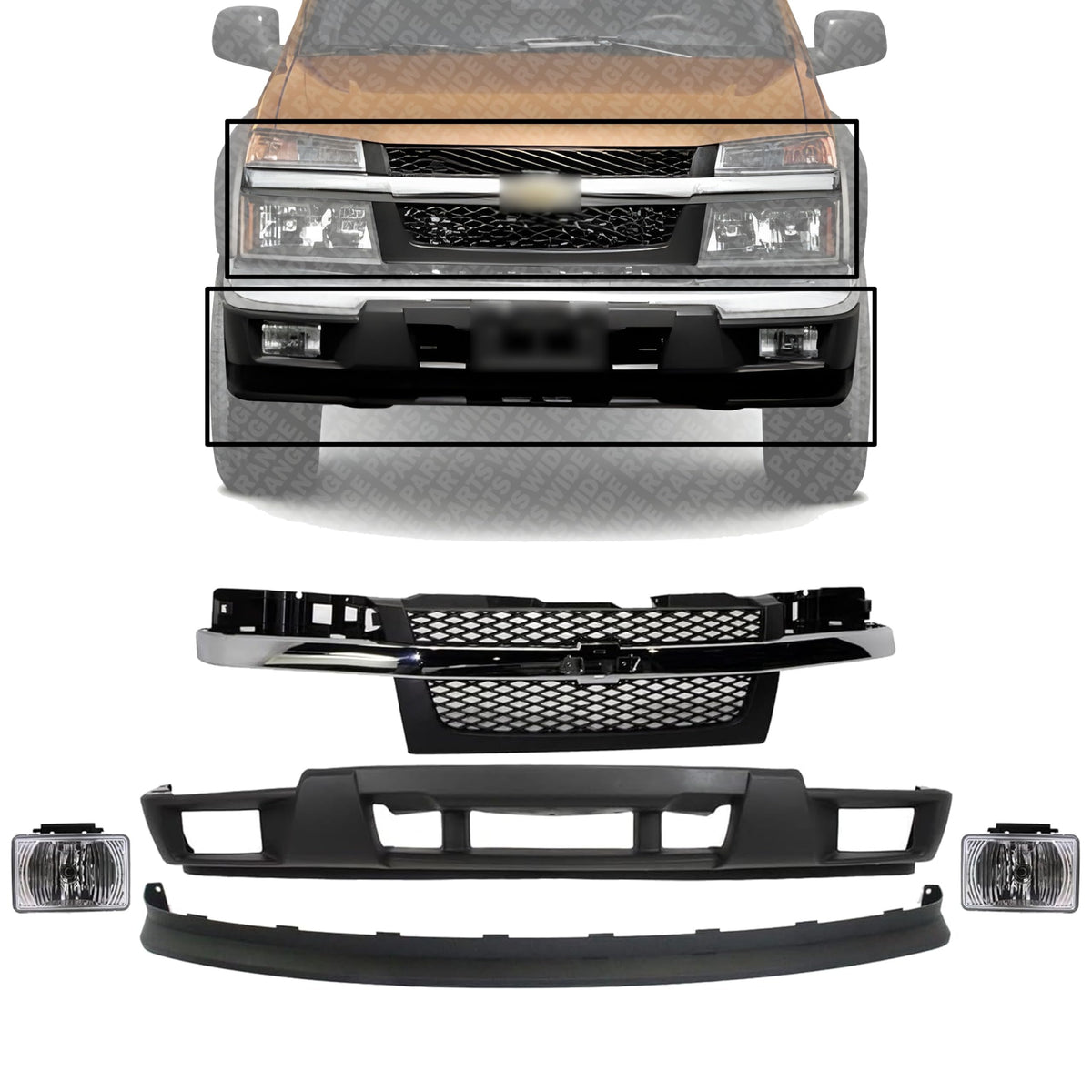 5-Piece Front Grille Kit: Grille, Lower Valance, Extension & Fog Lights Assembly (Left & Right) for 2004-2012 GMC Canyon, 2004-2012 Chevrolet Colorado & More