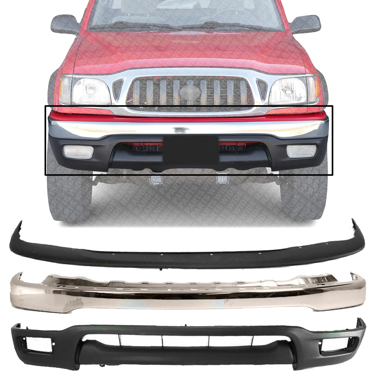 Front Bumper Chrome Steel + Upper Filler + Lower Valance Panel Primed for 2001-2004 Toyota Tacoma