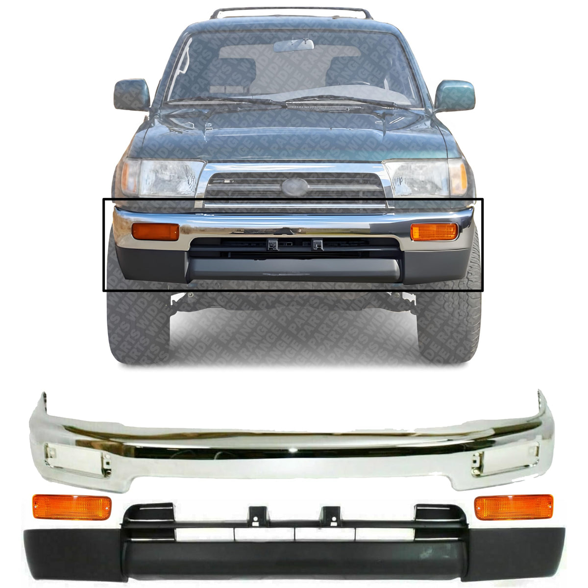 Front Bumper Chrome Steel + Lower Valance Panel Primed + Signal Lights Right Passenger & Left Driver Side for 1996-1998 Toyota 4Runner