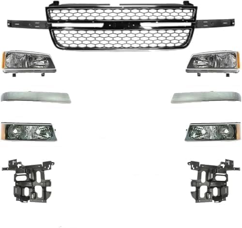 9-Piece Kit Grille, Chrome Shell with Painted Gray Insert, Includes (1) Grille Shell and Insert, (2) Grille Trim, (2) Headlight, (2) Headlight Bracket, and (2) Turn Signal Light For Chevrolet Silverado 2500HD 3500 2003-2006