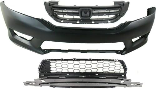 3-Piece Kit, Front Primed Bumper Cover, Sedan, EX/EX-L/LX/Sport Models, without Adaptive Cruise Control, Includes (1) Bumper Cover, (1) Bumper Grille, and (1) Grille For 2013-2015 Honda Accord