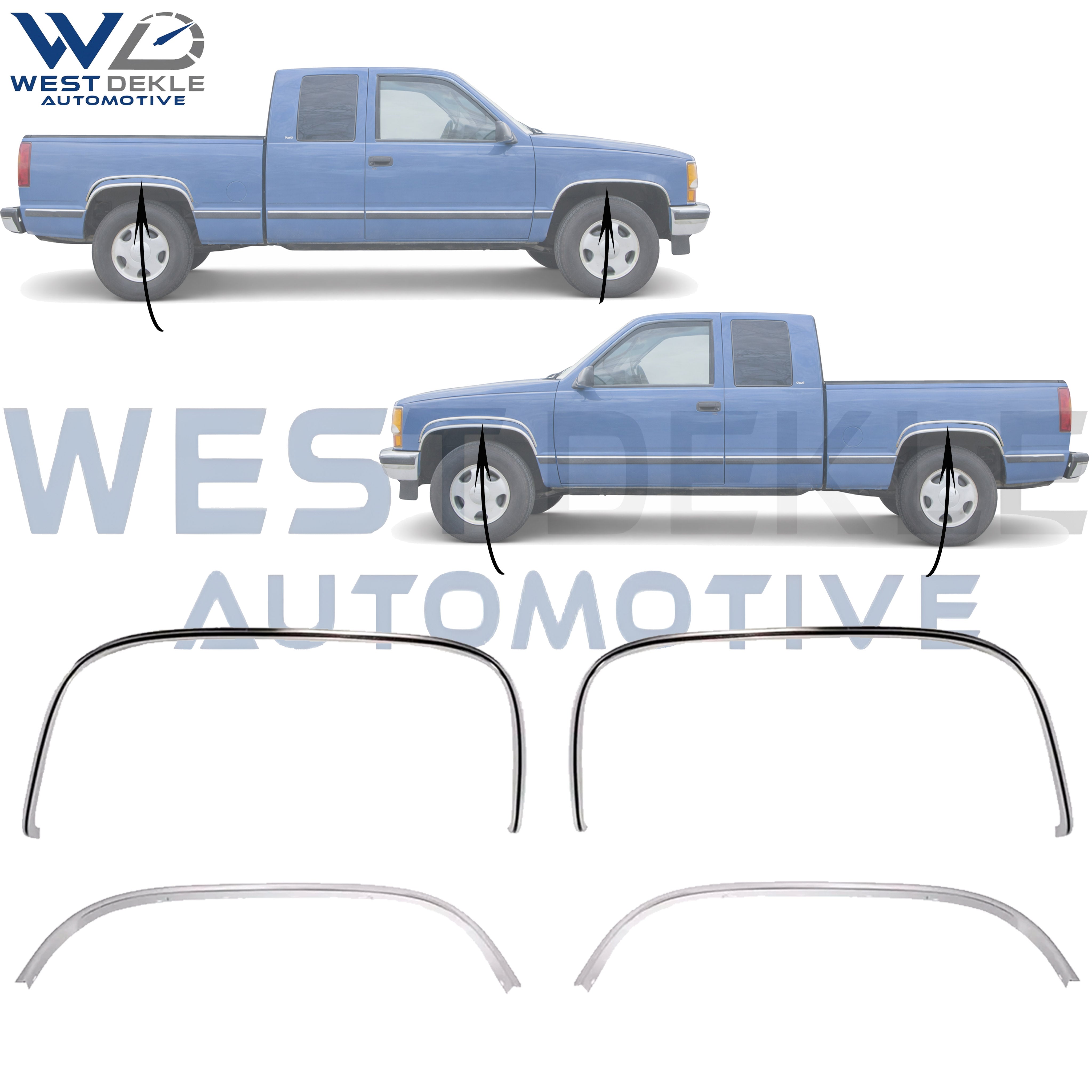 WEST DEKLE Automotive SET OF 4 FRONT FENDER MOLDING TRIM CHROME RIGHT PASSENGER & LEFT DRIVER SIDE DIRECT REPLACEMENT COMPATIBLE WITH 1988-2000 CHEVROLET / GMC C/K SERIES FULL SIZE GM1291108 GM1290108 15546444 15546443